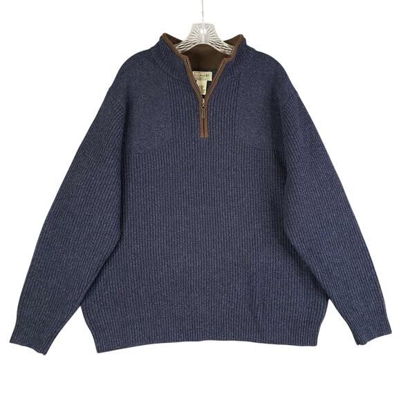 LL Bean Sweater Waterfowl Merino Wool Men’s Size L Large Quarter Zip Knit Blue - Picture 2 of 10